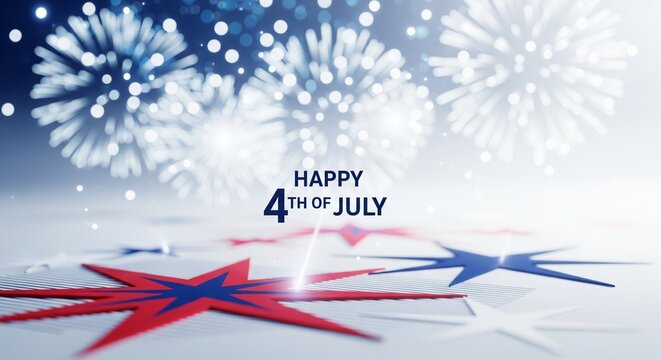 Happy 4th of July text with red and blue star shapes and blurred white fireworks exploding in a dark blue sky, patriotic holiday celebration concept, festive abstract background.