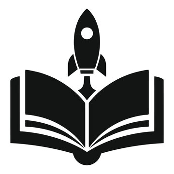 Black and white illustration of rocket launching from open book icon
