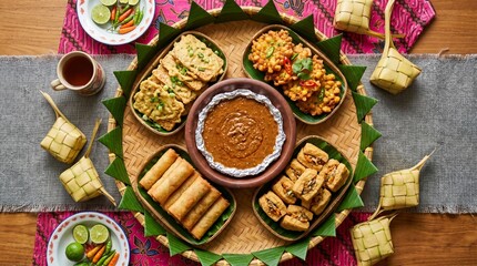 Fototapeta premium A plate of various traditional Indonesian fried foods such as spring rolls, stuffed tofu, and corn fritters served with spicy dipping sauce.