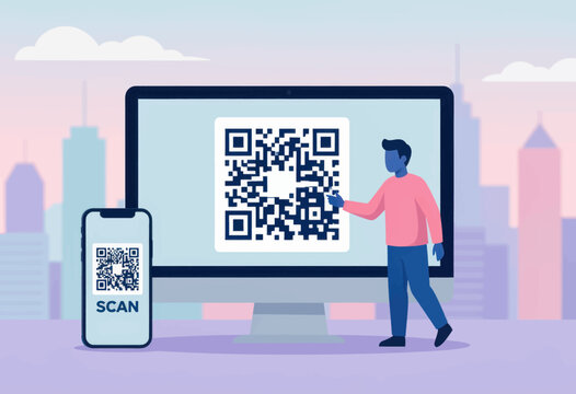 Man Scanning Qr Code on Computer Screen in Modern Office Setting Photograph