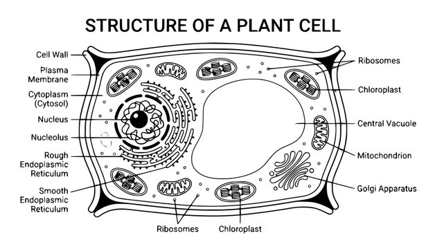 Detailed plant cell structure vector illustration with labeled biology organelles for education