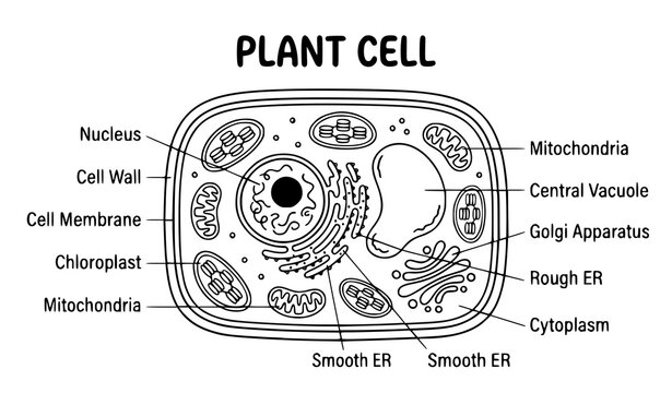 Cute plant cell illustration with colorful organelles and educational biology vector design