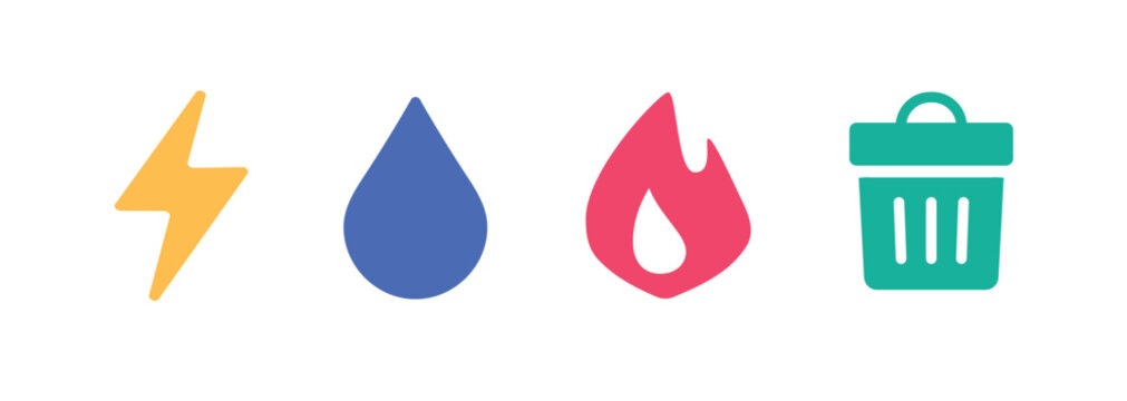 Energy utilities icons vector simple minimal graphics set, water gas electricity power and waste power sign symbol, drop and flame pictogram logo, lightning bolt and trash bin elements clip art