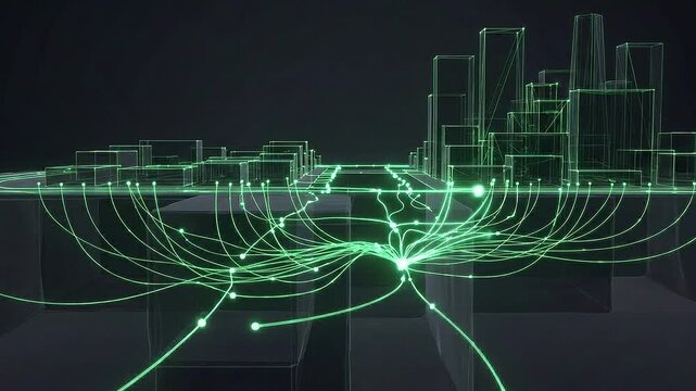 Digital network connecting glowing nodes and abstract city structures represents futuristic technology infrastructure.