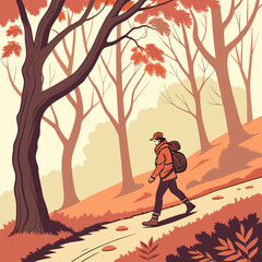 Naklejka premium Man hiking on forest trail during autumn season with backpack warm orange tones illustration backpack outdoors landscape exercise lifestyle adventure recreation environment illustration