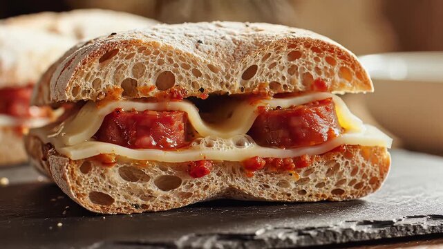 Delicious Meatball Sandwich with Melted Cheese and Tomato Sauce on Rustic Bread.