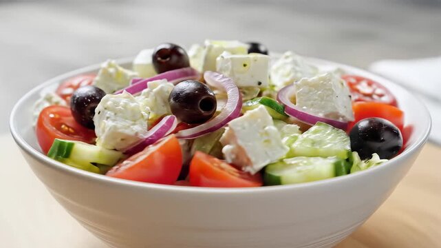 Fresh Greek Salad with Feta Cheese and Olives in a Bowl.