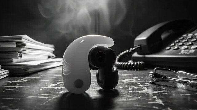 Dramatic close-up of a Bluetooth headset on a dark desk with a lamp, telephone, and papers in black and white