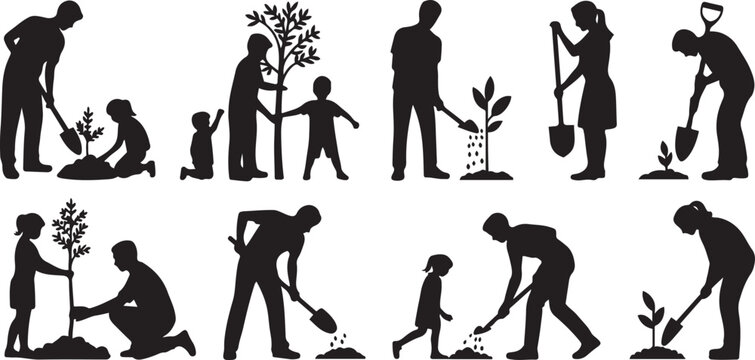 people planting trees various poses set collection. Family gardening and planting trees outdoor different poses. silhouette vector illustration