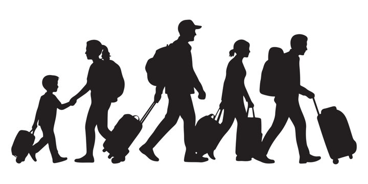 Crowd of people tourists. People with suitcases bags and backpacks. Migration of people. silhouette vector illustration