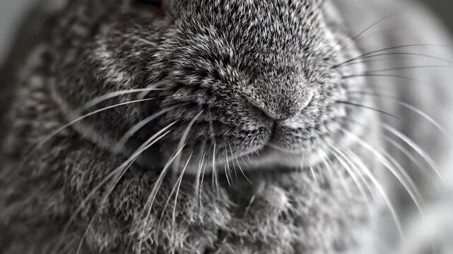 Close-up macro shot of a rabbit's nose and whiskers, emphasizing the delicate texture and detail of its fur in a monochrome, artistic style