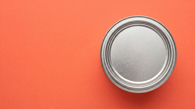 Plain sealed tin can on vivid coral background, food reserve food security emergency supply chain disruption food crisis concept, copy space.