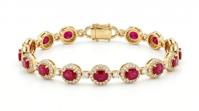 Exquisite 14k yellow gold tennis bracelet adorned with red rubies and sparkling diamonds, fine jewelry