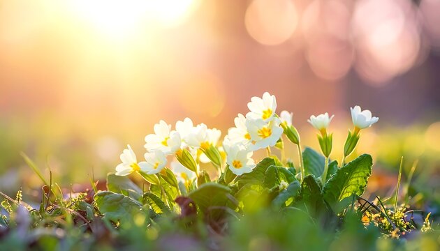 Sunny primroses bloom in soft focus, catching the golden light amidst a bokeh-filled background