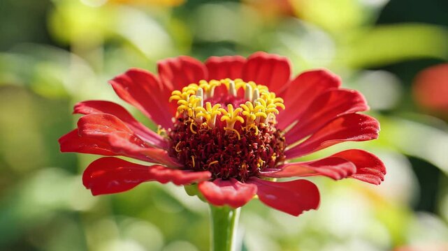 Closeup of a vibrant red zinnia flower in full bloom.