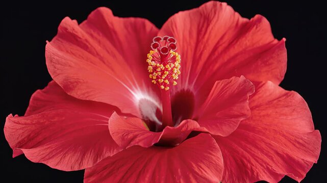 Closeup of a vibrant red hibiscus flower blooming against a dark background.