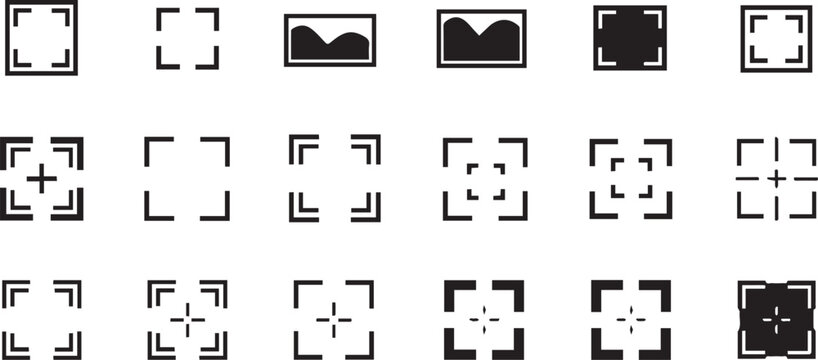 Camera viewfinder frames and focus reticles are arranged in a grid for photographic interface design.