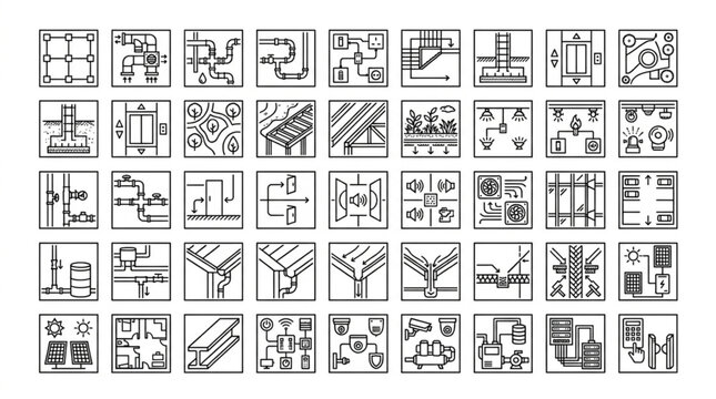 Collection of various technical blueprint icons.