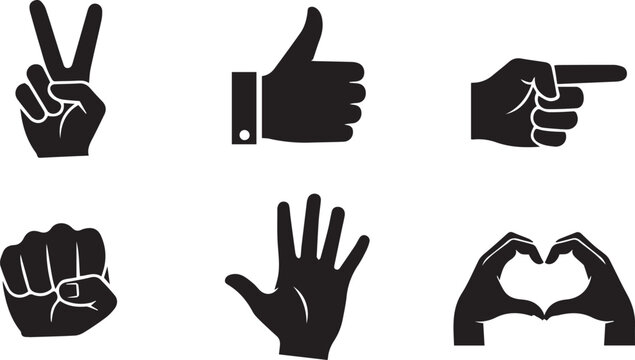 A set of six distinct black hand gesture icons are presented in two rows on a white background, representing communication and action.