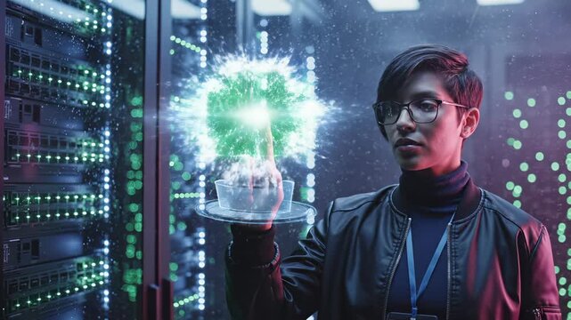 Man touches holographic authentication interface in server room. Tech professional uses security system with access granted. Man authenticates with hologram in datacenter. Digital security access.
