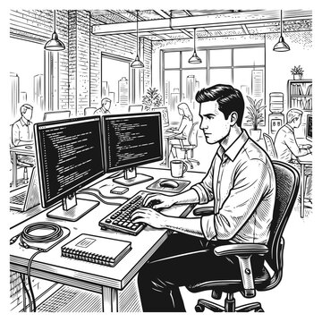 A man sits at a desk with two computer monitors in a modern office.