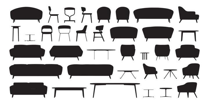 CAD Drawings. Set of silhouette modern furniture in section view. Includes various chairs, sofas, tables, and armchairs. silhouette vector illustration