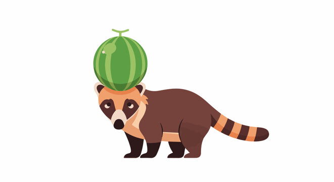 A coati stands balancing a green melon on its head
