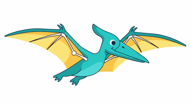 A cheerful turquoise cartoon pterodactyl with yellow wings flies joyfully
