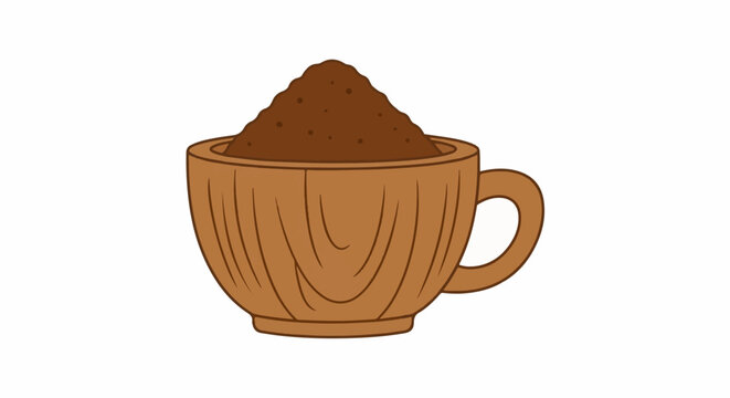 A cartoon wooden cup overflowing with dark ground coffee beans