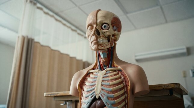 Human anatomy anatomical model torso showing skeletal and muscular systems in medical classroom setting.