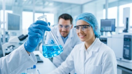 Fototapeta premium Professional scientists working with blue chemical solution in modern laboratory.