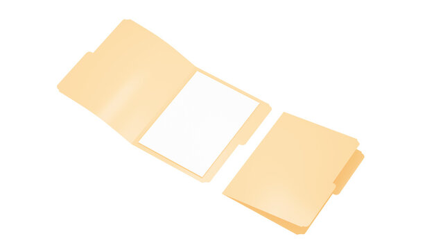 Beige paper folder 3D perspective cream colored open document folder with white paper shown at isometric angle, isolated on transparent background, representing office filing and organization concept.