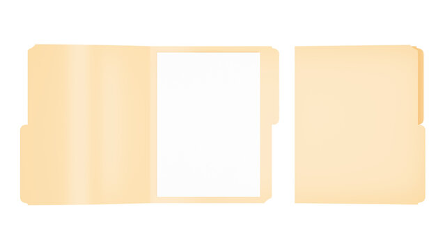 Beige paper folder open flat cream colored old document folder lying open with white paper, isolated on transparent background, front view, representing office organization and filing concept.
