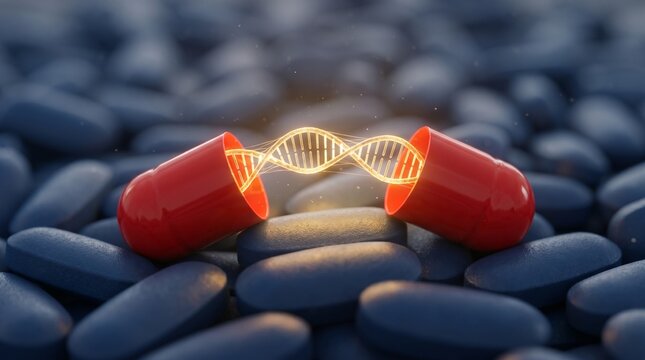 Red pill split open revealing glowing DNA double helix structure on dark background representing biotechnology and gene therapy.