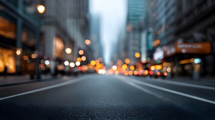 Obraz premium Empty city street leading into a brightly blurred background illuminated by warm overhead and window lights