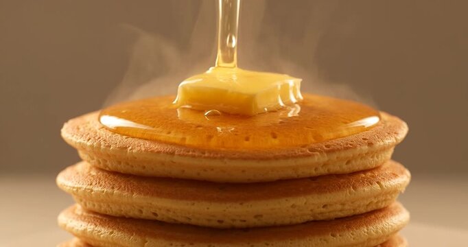 Steaming stack of golden pancakes topped with melting butter and syrup pouring down, warm breakfast food with sweet dessert and soft texture, appetizing homemade meal