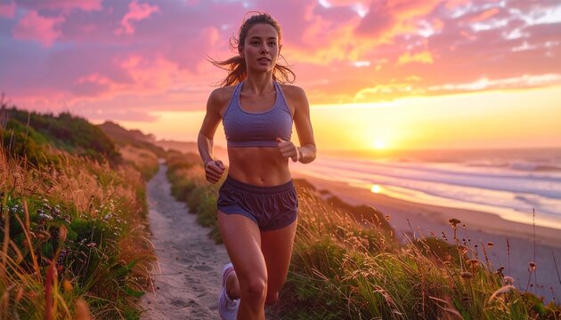 Woman jogging on hillside at sunset