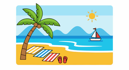 Obraz premium A bright, cartoon-style beach scene with a palm tree, towels, and a sailboat