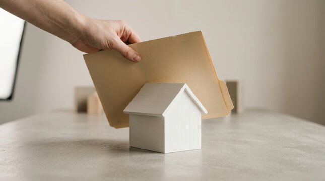 Real estate investment concept showing hand holding folder behind small white house model symbolizing mortgage and crisis management