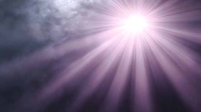 Intense radial light flare piercing through dramatic smoky violet clouds creating an ethereal and mysterious backdrop