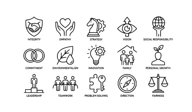 Core values line icon set with integrity empathy strategy innovation and social responsibility symbols