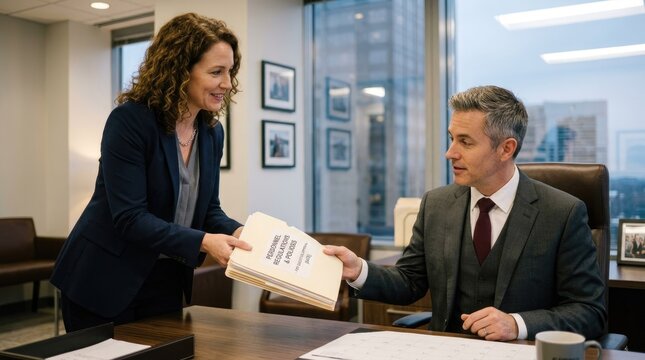A businesswoman and a man are engaged in a professional meeting. The woman is handing a thick document to the man, who is seated at a large desk.