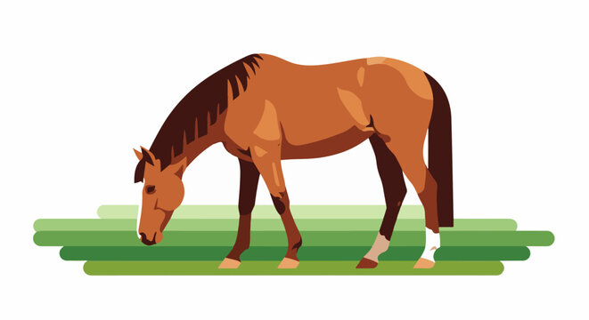 A brown horse with a dark mane grazes in green grass