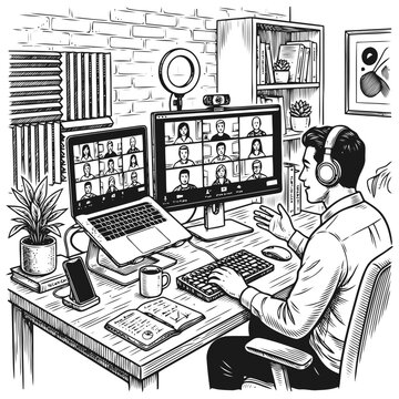 Man in office working on computer with video conference on multiple monitors s76.eps