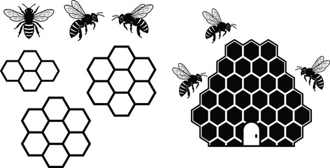Bee and honeycomb icons flat vector illustration featuring flying bees, hive structure, hexagonal cells, pollination process and natural honey production symbols © MdMonowar
