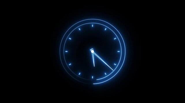 Glowing neon blue color clock animation icon on black background. 4.k animation video