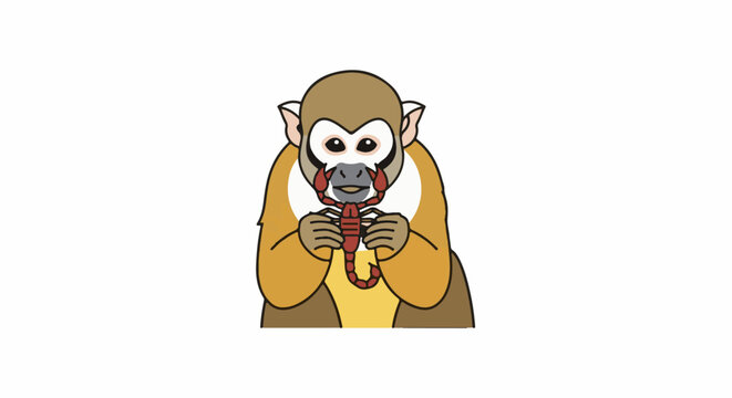 A brown monkey with big eyes holds a red scorpion in its paws