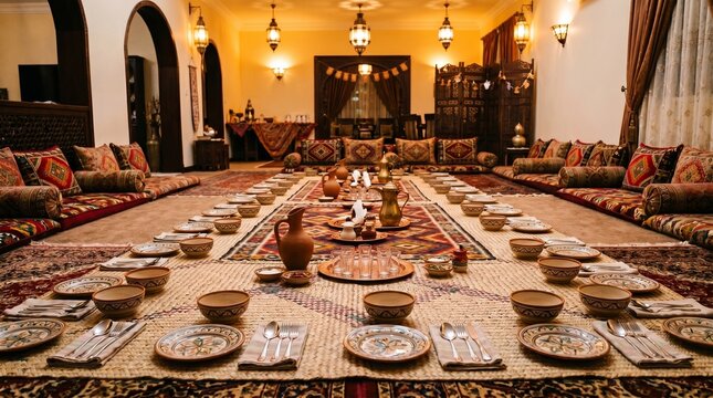 Traditional Arabian Majlis Dining Room with Elaborate Floor Seating and Lantern Lighting