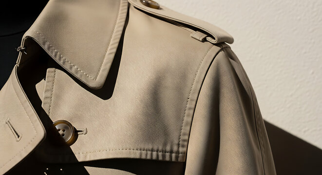 Close up of beige trench coat.
