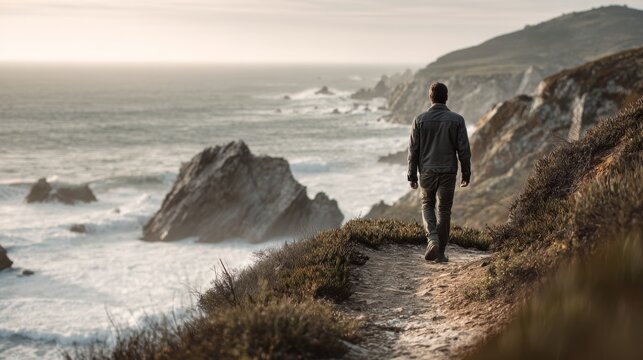A lone figure walking along a scenic coastal path with waves crashing on rocks under a calm sky offering a peaceful retreat into nature and tranquility. Generative AI